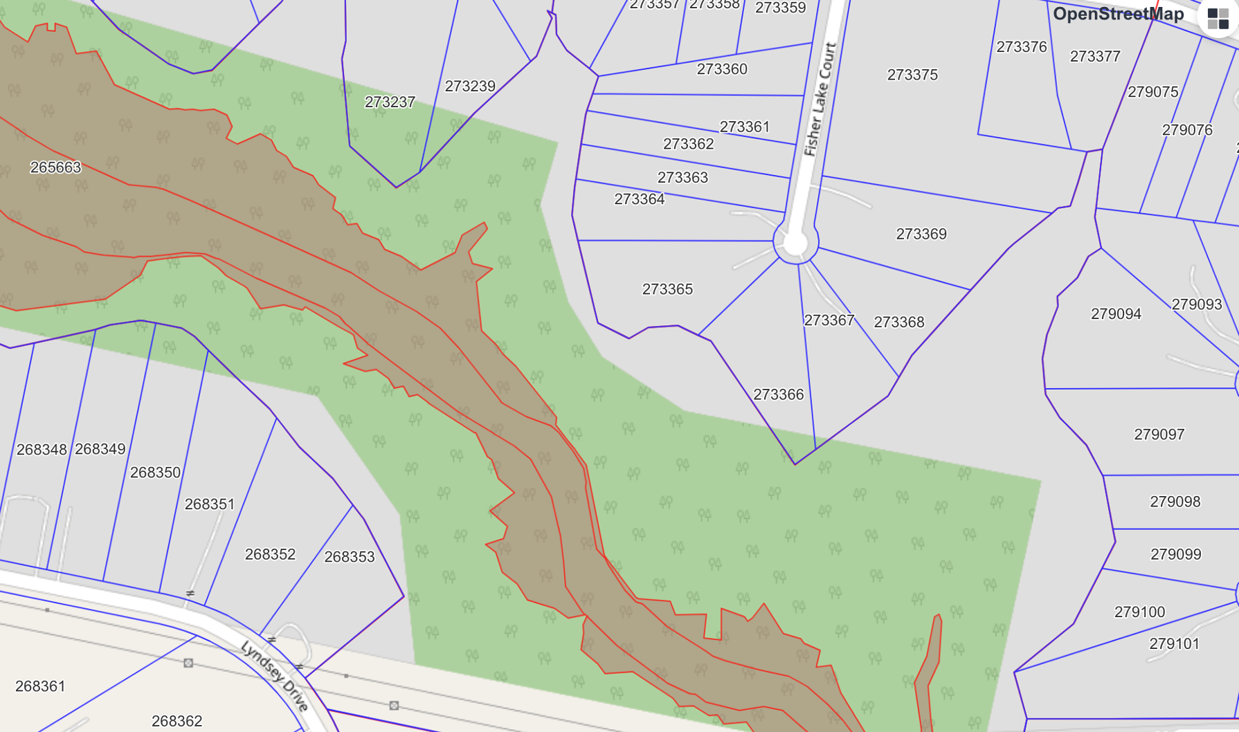 Topographic map showing the property parcel, Fisher Lake Court access, and adjacent greenbelt